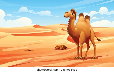 A camel in the desert landscape with rolling dunes and clear sky. Vector cartoon illustration