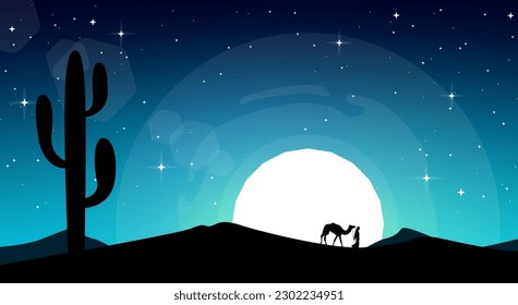 Camel in the desert. A man herding camels. blue sky in the desert wallpaper. Night desert islamic wallpapers. illustration of a man walking with a camel in a desert.