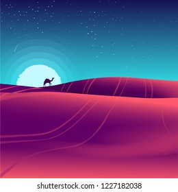 Camel in desert, night silhouette. Vector Illustration