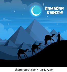 Camel Desert Pyramid Ramadan Kareem Muslim Religion Holy Month Flat Vector Illustration