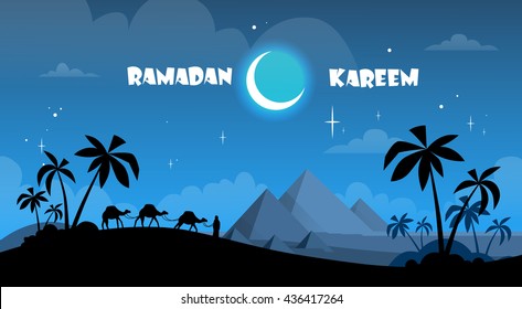Camel Desert Pyramid Ramadan Kareem Muslim Religion Holy Month Flat Vector Illustration