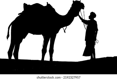 Camel en el desierto con silueta de Hombre Rajastán, Camel con dibujo de dibujo de dibujo de hombre turbante, ilustración de vector de línea de camello en el desierto