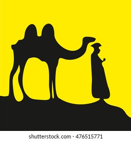 Camel in the desert and the shepherd. Vector picture for print, fabric, wrapping, craft.