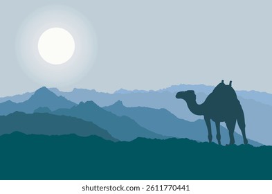 Camel and desert silhouette background illustration. Abstract Landscapes Canvas Print. Trendy vector illustration. Night in the desert