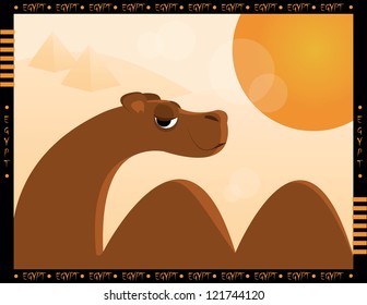 camel in desert with sun and pyramid