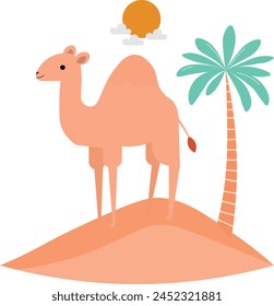 Camel in the desert with sun and sand, illustration