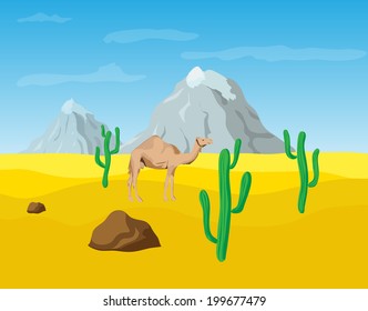 Camel in the Desert, vector illustration.