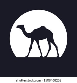 Camel in desert walking forward. Camel graphic sign at sunrise or sunset background. Camel symbol of desert. Vector illustration