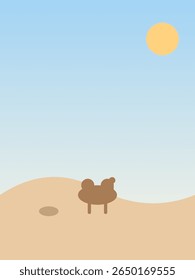 Camel in Desertcore Landscape with Bright Sky in Portrait Format