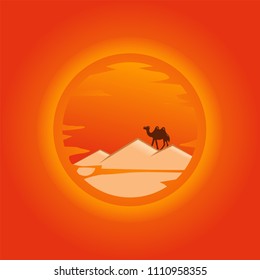 camel in the dunes, bright hot desert landscape, beautiful desert landscape with sunset, desert landscape, desert dunes, vector illustration
