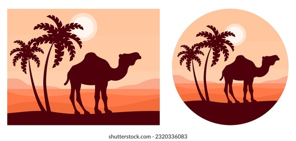 Camel in Egypt against the backdrop of desert palms and dunes. Dark silhouette of a camel on a red and orange background. Travel and tourism concept. Vector illustration.