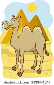 camel in Egyptian desert with pyramids. Vector cartoon illustration of landscape with, yellow sand dunes, ancient pharaoh tombs and hot sun in sky