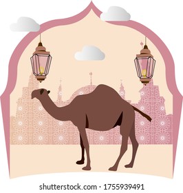Camel Eid Al Adha in Mosque Pattern and Lantern