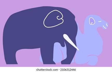 Camel and elephant on a purple background