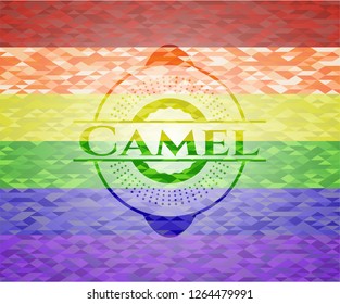Camel emblem on mosaic background with the colors of the LGBT flag