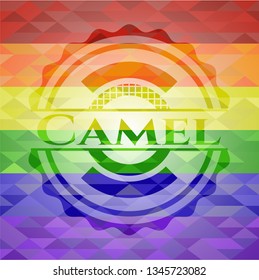 Camel emblem on mosaic background with the colors of the LGBT flag