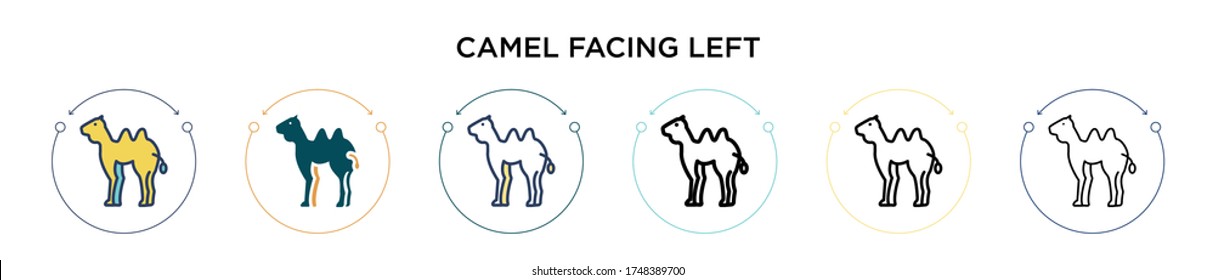 Camel facing left icon in filled, thin line, outline and stroke style. Vector illustration of two colored and black camel facing left vector icons designs can be used for mobile, ui, web