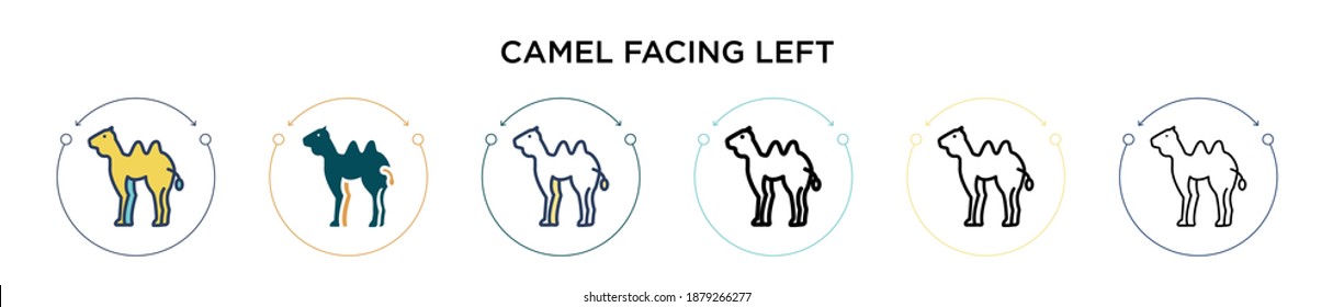 Camel facing left icon in filled, thin line, outline and stroke style. Vector illustration of two colored and black camel facing left vector icons designs can be used for mobile, ui, web