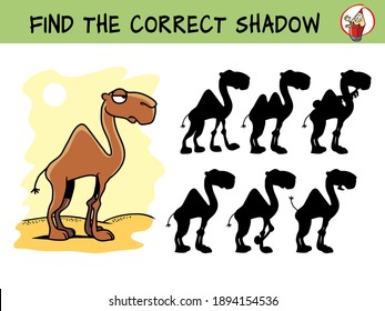 Camel. Find the correct shadow. Educational matching game for children. Cartoon vector illustration