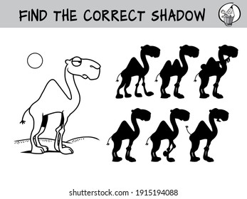 Camel. Find the correct shadow. Educational matching game for children. Black and white cartoon vector illustration