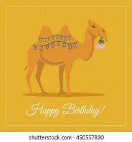 Camel with flowers. Happy birthday greeting card. Vector illustration flat design