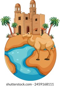 Camel in front of a desert oasis with palms