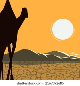 Camel goes to the oasis. Vector illustration.