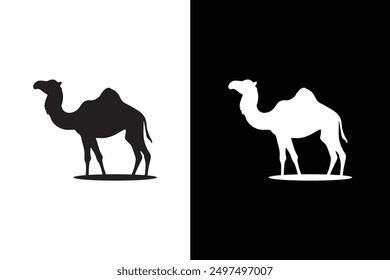 Camel Graphic Silhouette. Kamel-Symbol, Silhouette, Logo auf weißem schwarzem Hintergrund