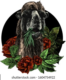 camel head with grass in mouth round composition with flowers and rose leaves, sketch vector graphics color illustration on white background