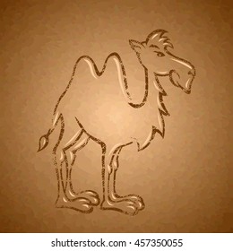 Camel is herbivorous enduring mammal with hump on its back with reserve of fat. Monochrome freehand ink drawn background sketchy in art scribble antiquity style pen on paper with space for text
