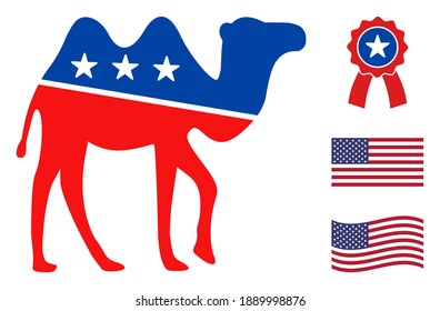 Icono de camello en colores azul y rojo con estrellas. El estilo de ilustración camello utiliza los colores oficiales americanos de los partidos políticos demócratas y republicanos y formas estelares. Signo simple del vector del camello,