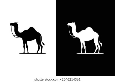 Silhueta de ícone de camelo, Vetor de ícone de camelo, ilustração de silhueta de animal de camelo branco preto