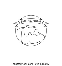 Icono de línea de concepto de camello y etiqueta. Ilustración de elemento simple. Diseño de símbolo de contorno de concepto de camello y etiqueta de Eid Al Adha set. Se puede usar para web y móvil con fondo blanco