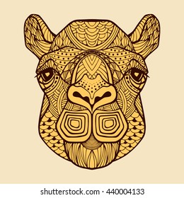 Camel. Lama. Kangaroo. African tribal pattern. Head of a camel. Head of a lama. Head of a kangaroo. Patterned head wild animal yellow color with a black outline in zentangle style. Animal vector logo.