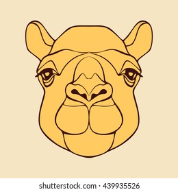 Camel. Lama. Kangaroo. Head of a camel. Head of a lama. Head of a kangaroo. Bright brown yellow image of the head of a wild animal. Animal head is drawn by hand with a black stroke. Animal vector logo