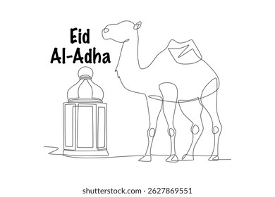 Camel and lantern. Eid al-adha concept one-line drawing