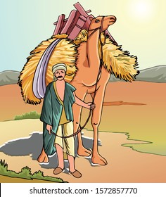 
Camel Loaded Grass On The Sand vector illustration