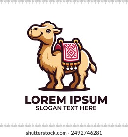 Camel logo illustration, cute camel icon mascot logo illustration walking on desert white background