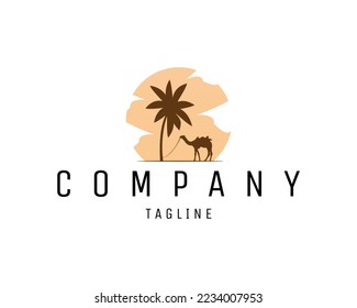 camel logo isolated silhouette white background showing from side with view of date palm trees. Best for badges, emblems, icons and for the animal industry. vector illustration available in eps 10.