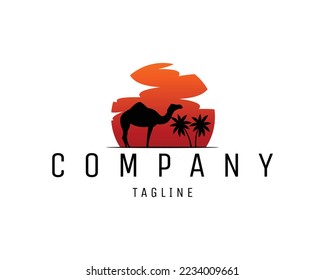 camel logo shown with sunset sky view isolated white background. Best for badge, emblem and sticker design. vector illustration available in eps 10.