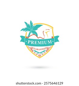 Camel logo and sign vector, Brand logo in the shape of a camel and coconut tree, PREMIUM QUALITY GUARANTEED Badge Vector, High Quality Vintage Badges, Premium Quality Badge logo design element