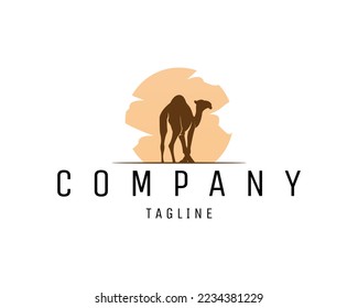 camel logo silhouette isolated on white background showing elegant side view with stunning sunset view. Best for badge, emblem, icon and sticker design.