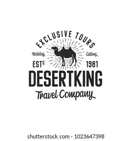 Camel logo template concept. Travel company logotype. Desert king text quote. Exclusive tours vacation business emblem. Stock vector badge isolated on white background.