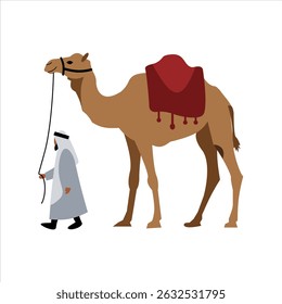 Camel with man clipart, the man wearing traditional Middle Eastern attire.
