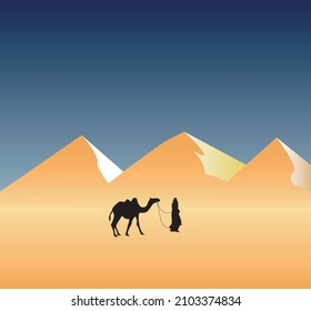 Camel and man walking desert vector illustration 