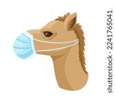 Camel in a medical mask side view. Vector illustration on the theme of camel flu and coronavirus. Stock vector.