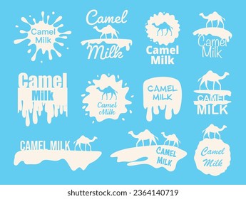 Camel milk white monochrome minimal label package set vector flat illustration. Liquid organic product calcium dairy fat creamy food drink cosmetic beauty ingredient healthy hypoallergenic nutrition