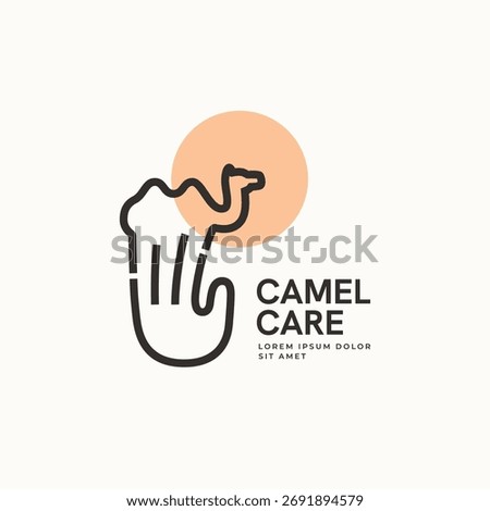 Camel minimal lines logo design with human hand finger symbol icon. Animal care poster design
