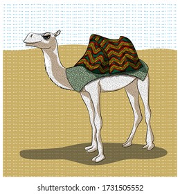 Un camello en una manta multicolor. Ilustración del vector