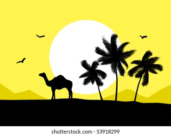 Camel near palm trees in desert